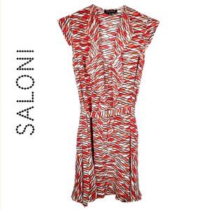 SALONI Coral Red 100% Silk Flutter Hem Sz 4 Dress w Belt Cap Sleeve Summer